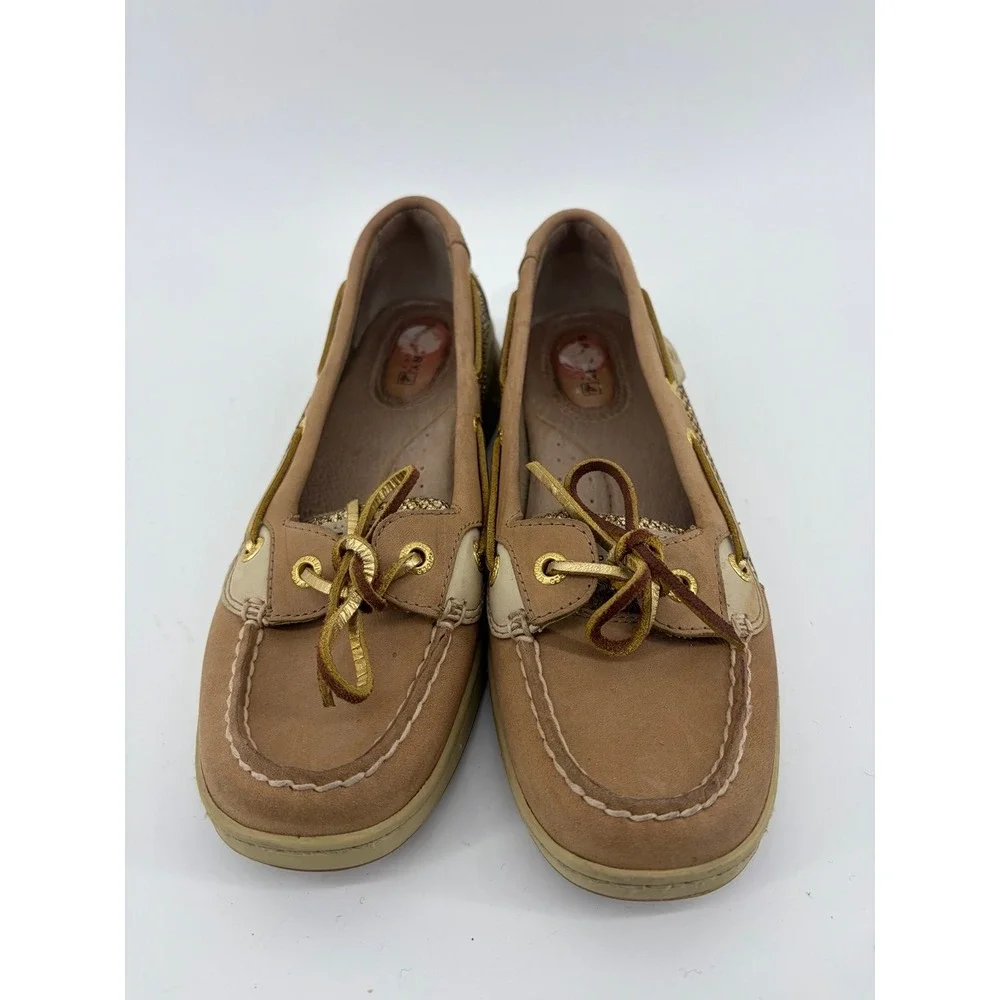 Sperry Angelfish, Tan/Gold Leather Glitter Boat Shoes, Women's Size 7, Pre-Owned